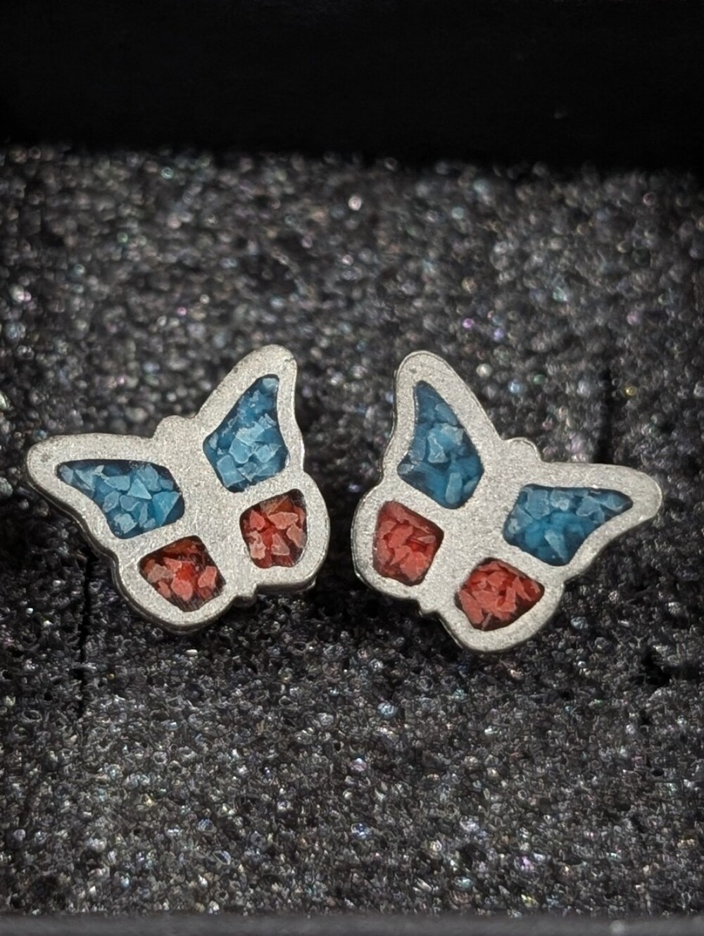 Vintage Silver with Turquoise & Coral Butterfly Stud Earrings